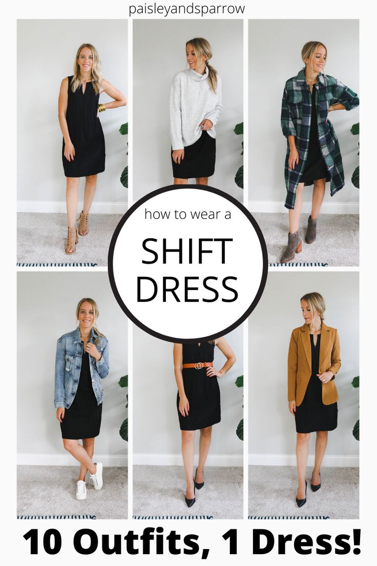 How to wear a shift dress - here are 10 different ways to wear a simple black dress. Work wear, date night, casual, and more! Tips for styling this basic outfit. Busi Ess Casual Outfit, How To Wear 1 Dress 10 Ways, Black Dress With Jean Shirt, Straight Black Dress Outfit, Sleeveless Dress Styling, How To Style A Black T Shirt Dress, Casual Tshirt Dress Outfits, Ways To Wear A Dress In Winter, Black Shift Dress Outfit Winter