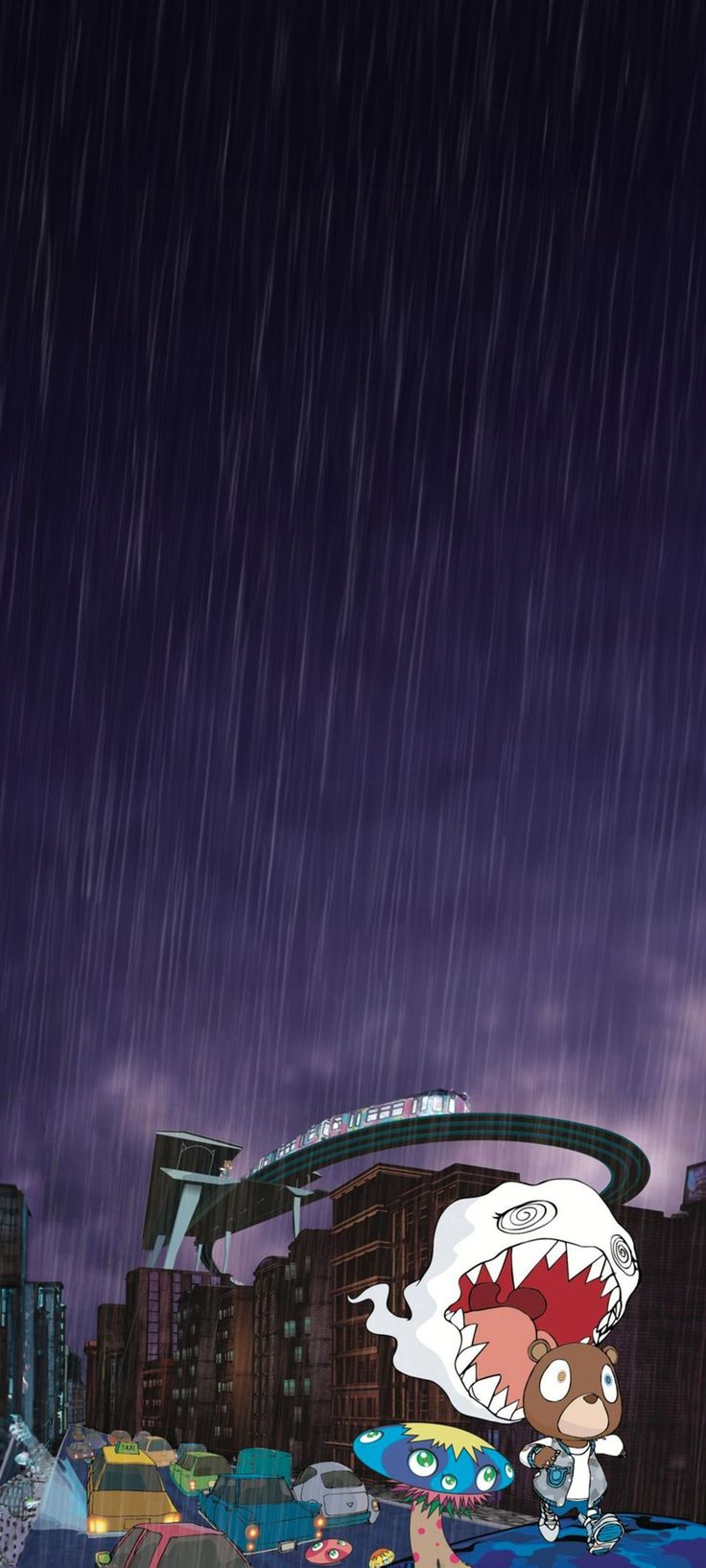 an anime character is standing in the rain with his mouth open and head tilted to the side