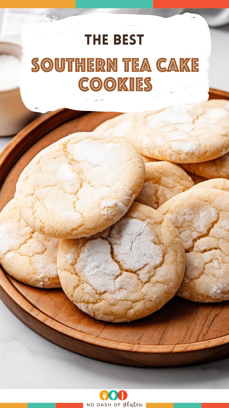 the best southern tea cake cookies on a wooden platter with a cup of coffee in the background