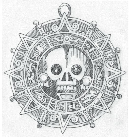 a drawing of a skull in the center of a circle with geometric designs on it