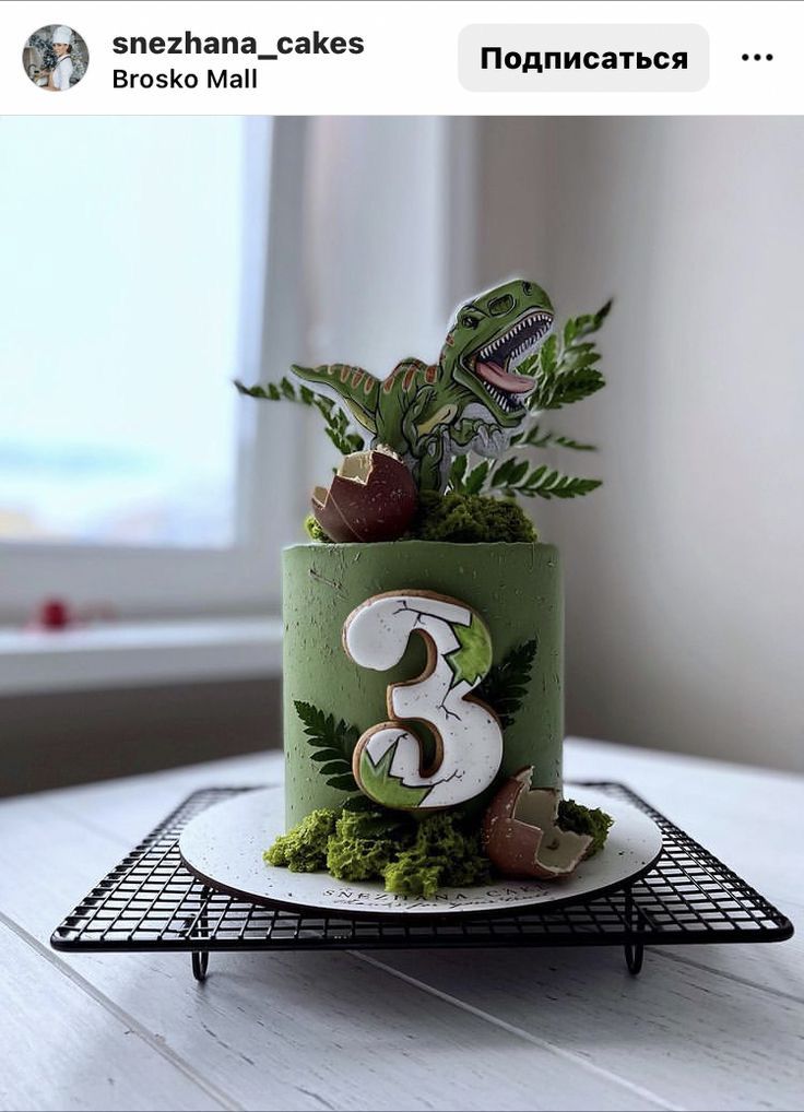 there is a cake that has the number three on it and plants in the middle