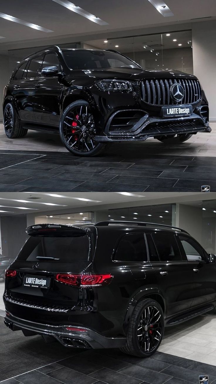 two pictures of a black mercedes suv parked in a showroom, one showing the rear and side view