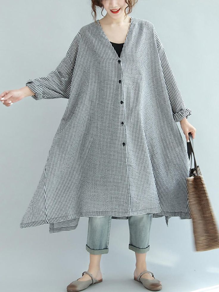 Women Check V Neck Button Down Long Shirt Dress Dress Pattern Plus Size, Checked Shirt Dress, Maxi Dresses Summer, Baggy Dresses, Plaid Shirt Dress, Coat Plus Size, Boho Styl, Stylish Coat, Plaid Dress Shirt