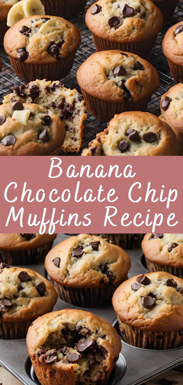 banana chocolate chip muffins recipe with text overlay