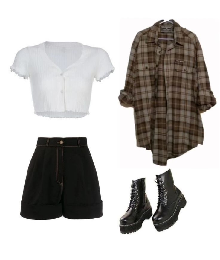 Black boots , White tshirt , black shorts , brown flannel, cute outfit , teenager , Girl Outfits Grunge Png, Prep Grunge Outfits, Grunge Beach Outfit Summer, Soft Grunge Spring Outfits, Grunge Easter Outfit, Grunge Fits Summer, Summer Alt Outfits Shorts, Dark Aesthetic Outfits Summer, Soft Grunge Aesthetic Outfits Summer