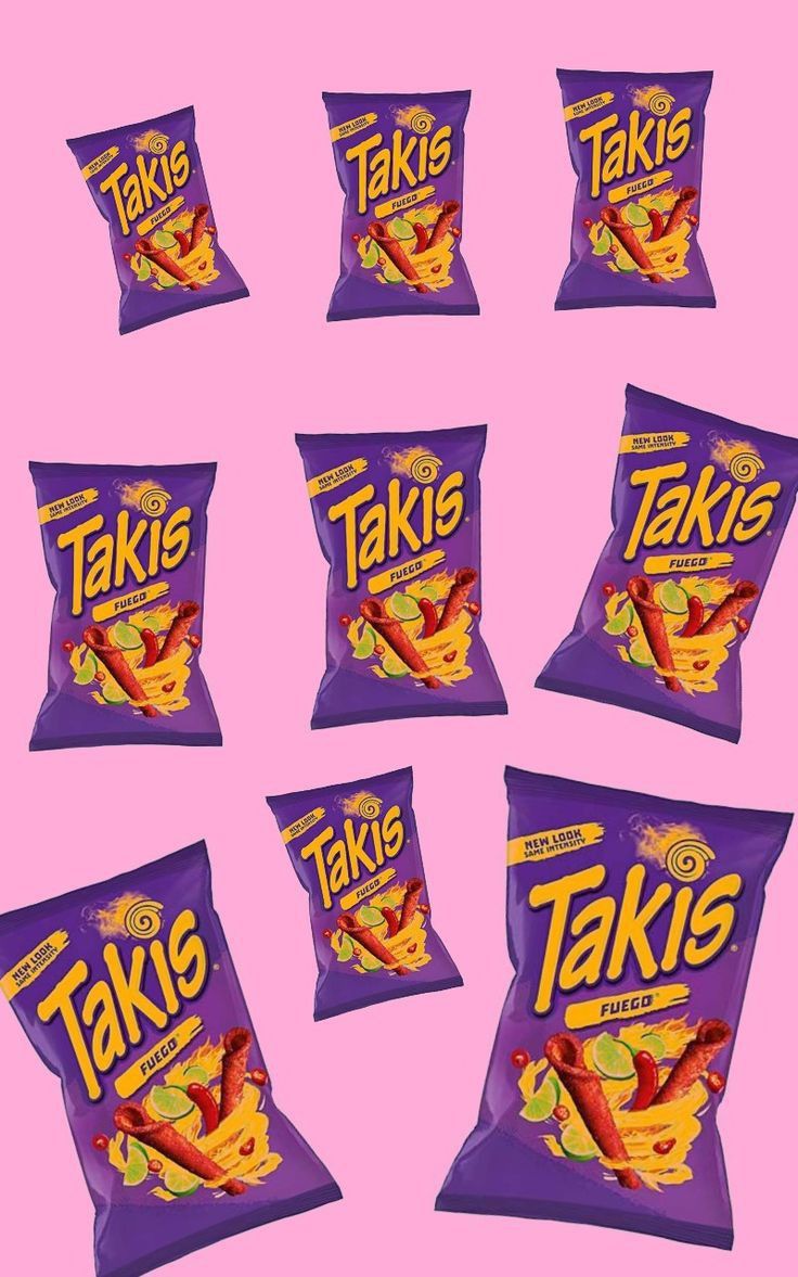 six bags of taki's on a pink background