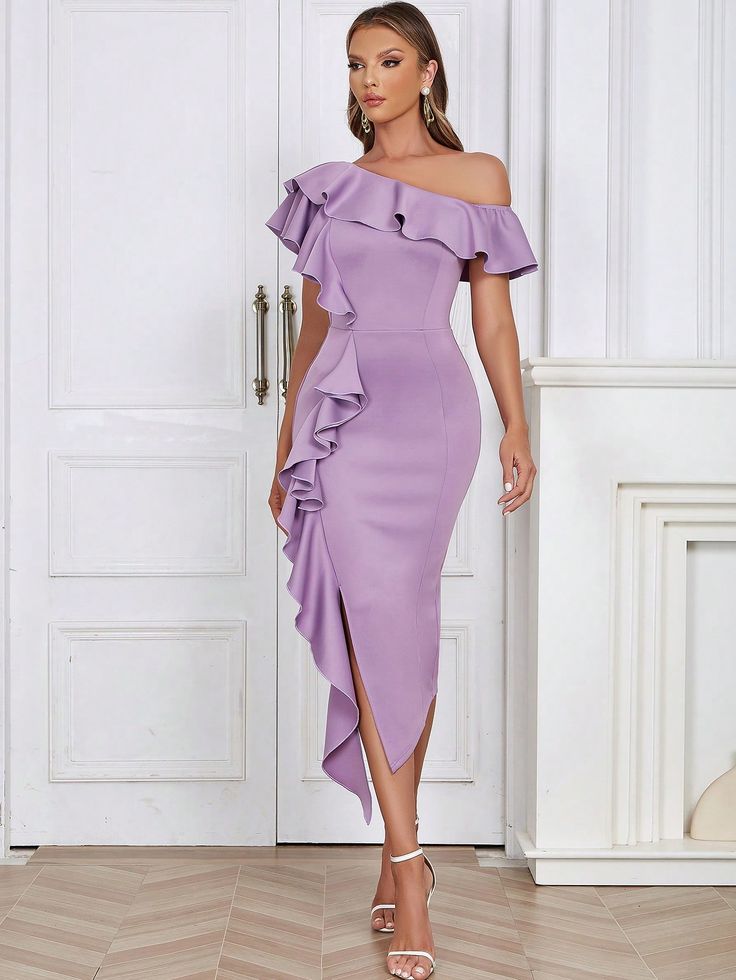 Lilas  Collar Manches courtes Étoffe Unicolore Moulant Embellished Extensibilité légère Mode Purple, Dress Lilac, Elegant Outfit Classy, Outfit Classy, Purple Collar, Womens Cocktail Dresses, Lilac Dress, Guest Dress, Pink Midi Dress