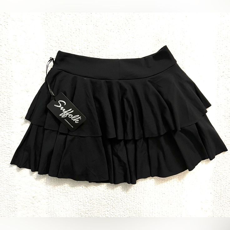 Black Dance Skirt Small Moonflower Double Tiered Skirt Soft And Comfortable Black Ruffled Skort For Summer, Black Flowy Tennis Skirt For Summer, Black Flared Skirt For Summer, Black Tiered Skort For Night Out, Black Lined Tennis Skirt For Summer, Black Tiered Skort For Summer, Black Tennis Skirt For Spring, Black Tiered Skirt For Night Out, Black Skirted Skort For Summer