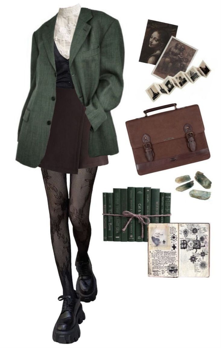 Art Academia Outfits Aesthetic, Cute Outfits Academia, Outfit Inspo Dark Aesthetic, Bookshop Outfit Aesthetic, Dark Green Style Outfits, Dark Academia Outfits For School, Librariancore Outfits, Writer Outfits Style, Slytherin Academia Outfit