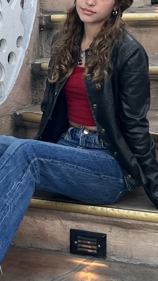 Black Leather Jacket With Red Top, Red Blue And Black Outfit, Red Outfit With Jeans, Black Crop Jean Jacket Outfit, Red Tube Top Outfit With Jacket, Baggy Jeans Autumn Outfit, Cropped Red Leather Jacket Outfit, Winter Outfits Black Leather Jacket, Leather Jacket Outfit School