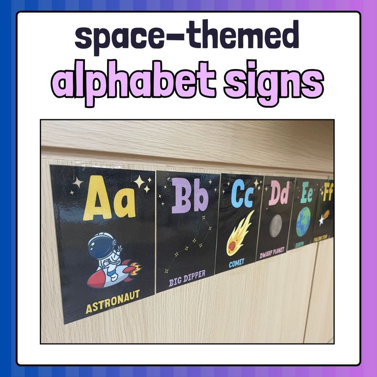 the space themed alphabet signs are on display