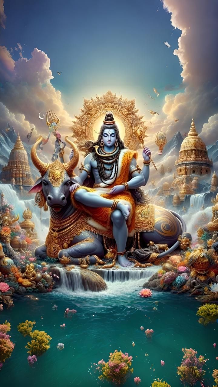 the god is sitting on top of a cow