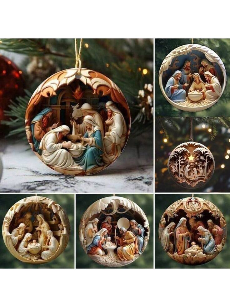 the nativity ornament is hanging from a christmas tree