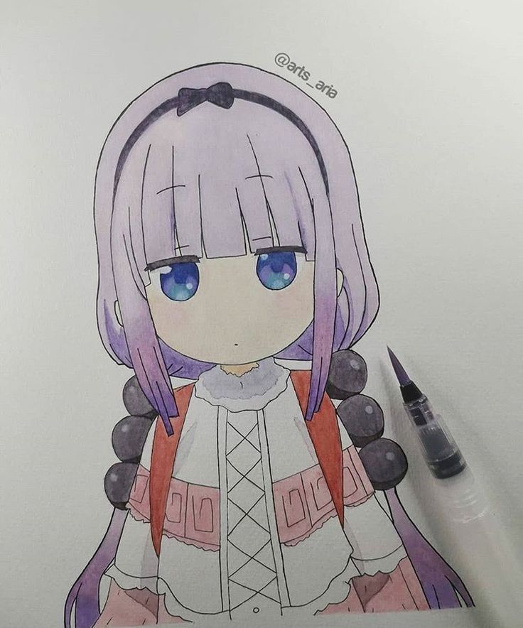 a drawing of a girl with purple hair and blue eyes