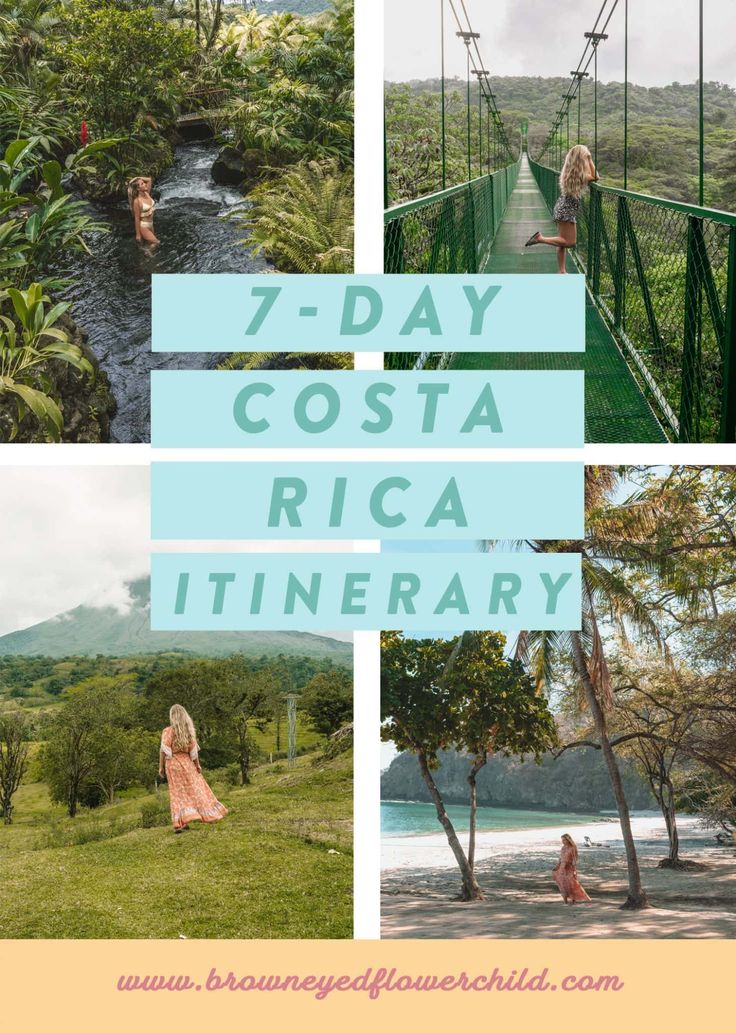 the 7 day costa rica itinerary with pictures of people walking and playing in the water