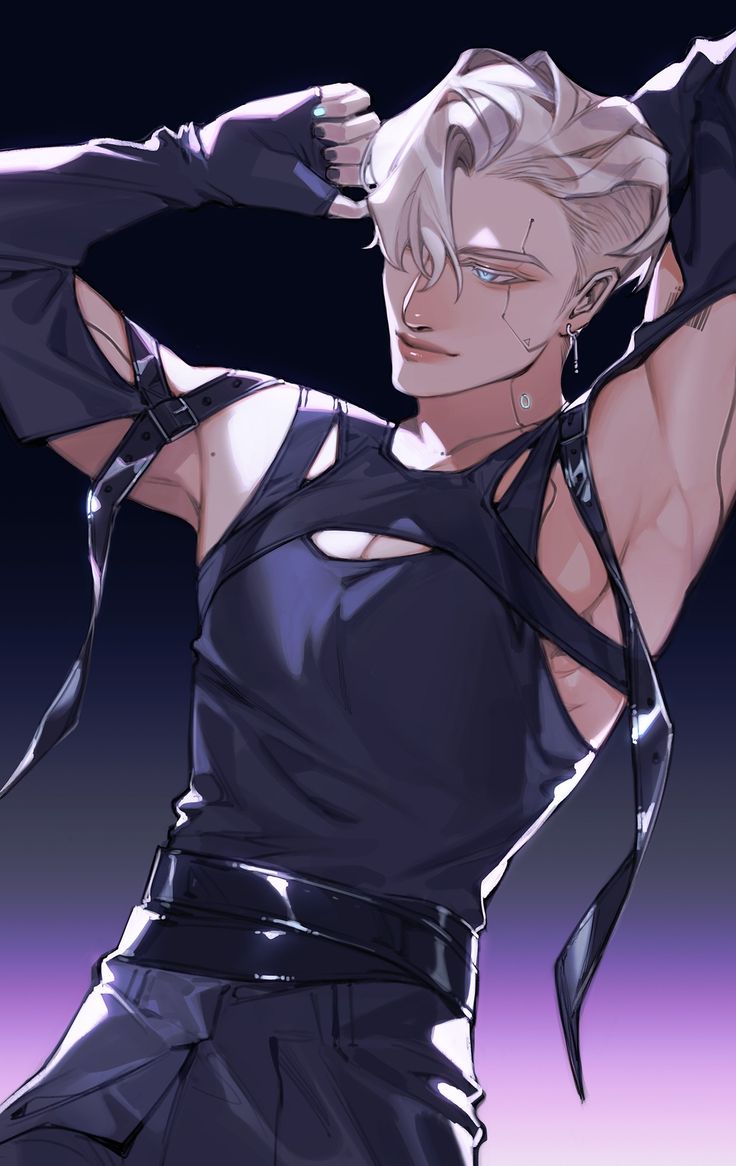 an anime character with white hair and black clothes, holding his hands behind his head