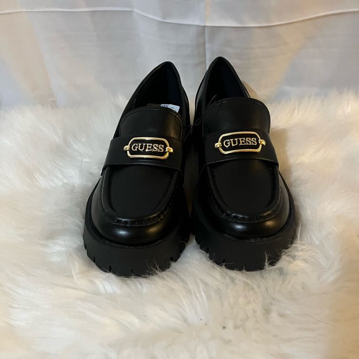 Never Worn. Runs Small Says 6 1/2. Chic Black Platform Loafers With Lug Sole, Chic Black Slip-on Platform Loafers, Black Synthetic Loafers With Round Toe, Classic Black Platform Loafers For Fall, Black Synthetic Platform Loafers For Formal Occasions, Trendy Black Closed Toe Loafers, Black Synthetic Round Toe Loafers, Black Platform Low-top Loafers, Chic Black Platform Loafers With Flat Heel