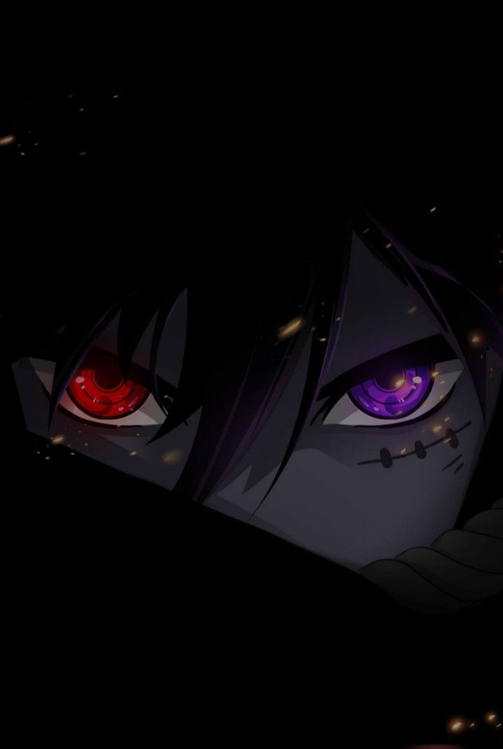 an anime character with red eyes in the dark