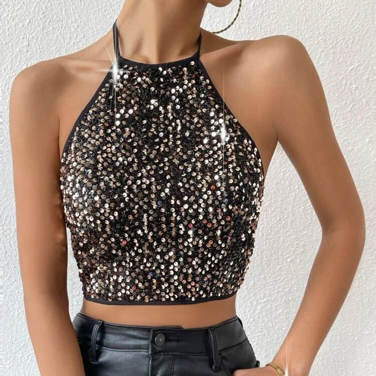 Super Sexy, Very Classy Sequins Halter Top!!! Trendy Fitted Halter Top For Night Out, Black Tank Top For Night Out Party Season, Flirty Stretch Crop Top For Night Out, Glamorous Black Tank Top For Party Season, Sequin Halter Neck Top For Night Out, Black Backless Top For Night Out, Backless Black Top For Night Out, Glamorous Halter Neck Tops For Night Out, Backless Black Tops For Night Out