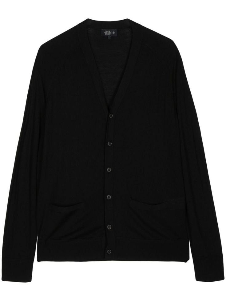 black wool knitted construction V-neck front button fastening two front patch pockets long raglan sleeves ribbed cuffs and hem Cardigan Black, Knitwear Men, Knitwear Cardigan, Wool Cardigan, Black Cardigan, Black Wool, Raglan Sleeve, Patch Pocket, Knitwear