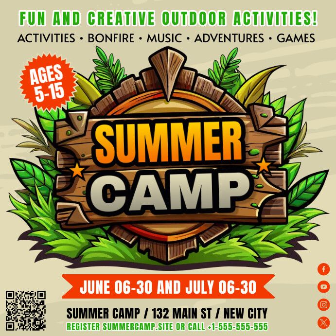 the summer camp flyer with an image of a wooden sign and green leaves on it