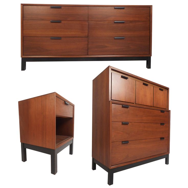 three pieces of furniture including a dresser, chest and night stand are shown against a white background