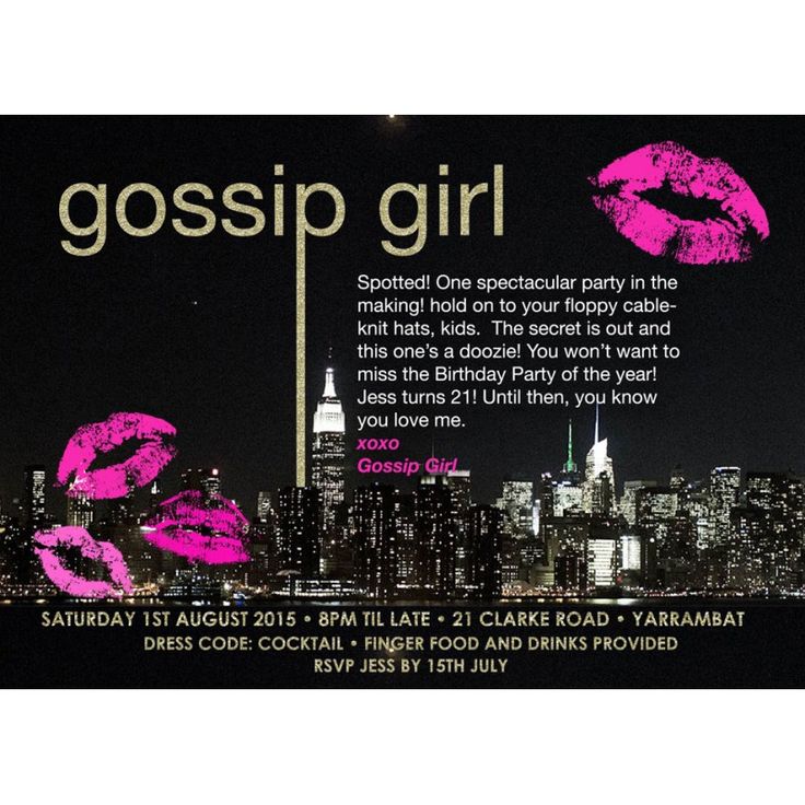 a poster with pink lipstick on it that says gossip girl in front of a cityscape