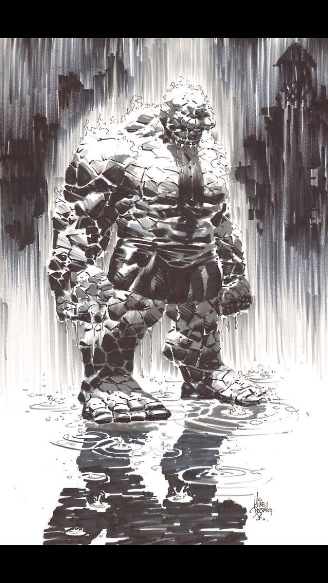 a black and white drawing of a giant man standing in the rain with his hands on his hips