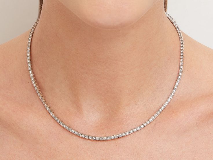 This classic diamond rivière is inlaid with 139 round diamonds set in square 18k gold links. Signed PP. Elegant Silver Tennis Necklace With Single Cut Diamonds, Timeless White Gold Tennis Necklace With Single Cut Diamonds, Formal Tennis Necklace With Single Cut Diamonds, Brilliant Cut Diamond Necklace For Evening, Luxury Tennis Necklace With Single Cut Diamonds, Elegant Diamond Cut Baguette Tennis Necklace, Luxury Diamond White Tennis Necklace, Evening Single Cut Diamond Necklace, Luxury Diamond Tennis Necklace With Brilliant Cut