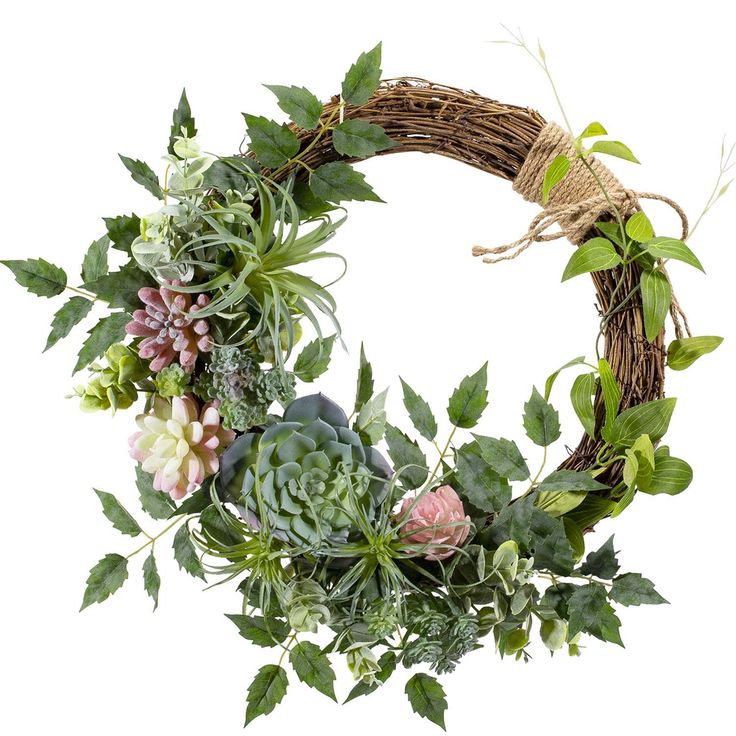 a wreath with succulents and greenery on it