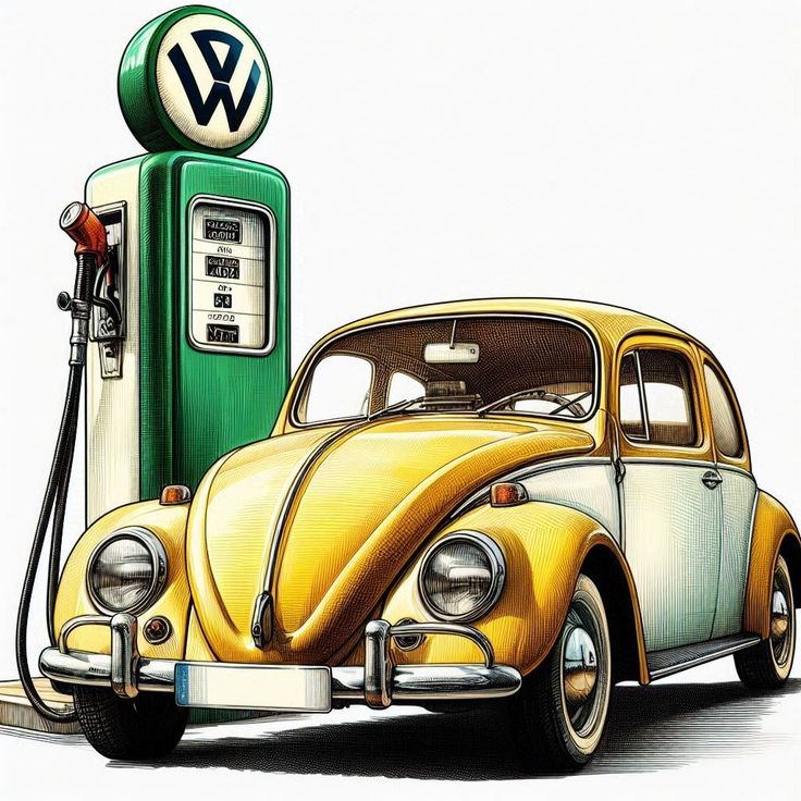 an old volkswagen beetle is parked next to a gas pump and the word vw painted on it