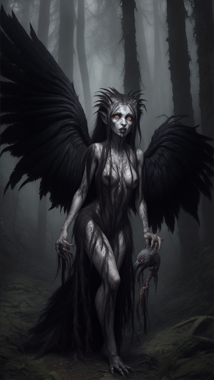 an evil creature with large black wings standing in the woods