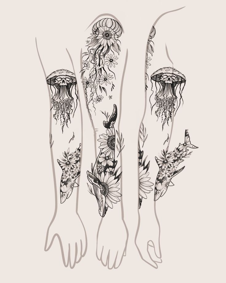 some very pretty tattoos with flowers and jellyfishs on their arms, both in black and white