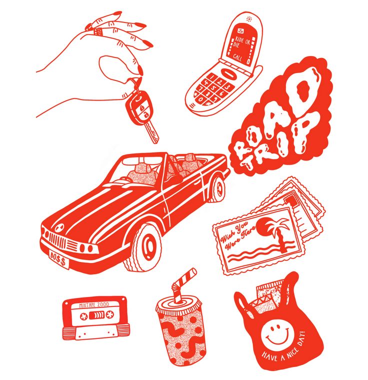 a hand holding a cell phone next to a red car and various other things on the ground