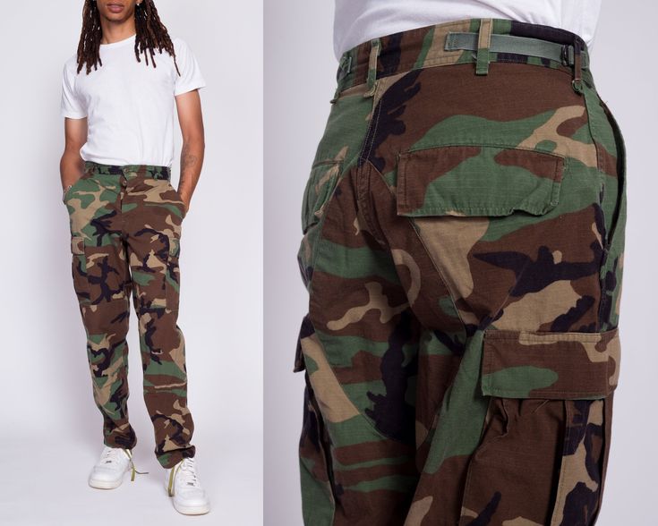 "Vintage mid-rise camo field pants with a button fly, and straps at the waist for an adjustable fit. We have multiple sizes in stock - they are originally sized for men, but can fit unisex. Measurements and Condition: Fabric: Cotton/nylon Condition: Excellent Brand: Various #1:  Tag size: Small Regular (men's sizing - can also fit women's small to medium) to fit waist 27\"-31\", inseam 29.5\"-32.5\" Waist: adjusts from 25\" to 30\" Hips: 40\" - taken at the bottom of the button opening Rise: 10. Camouflage Utility Cargo Pants With Belt Loops, Military Style Camouflage Cargo Pants, Camouflage Utility Pants With Belt Loops, Military Style Camouflage Pants For Hunting, Military Camouflage Hunting Pants, Military Style Bottoms With Cargo Pockets, Military Style Hunting Bottoms With Pockets, Tactical Camouflage Cargo Pants, Military Hunting Bottoms With Pockets