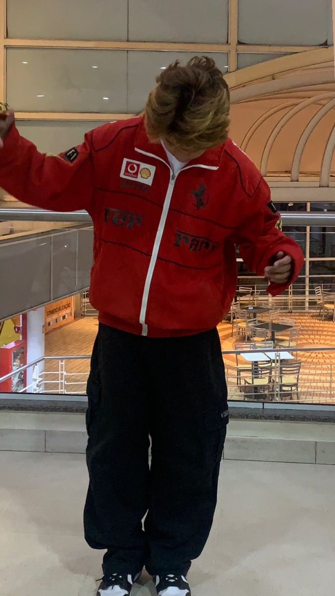 old money streetwear racer jacket red jacket Ferrari Jacket Outfit Man, F1 Jacket Outfit Men, F1 Outfit Men, Red Jacket Outfit Men, Racing Jacket Outfit Men, Red Ferrari Jacket, Ferrari Jacket Outfit, Racer Jacket Outfit, Street Wear Male