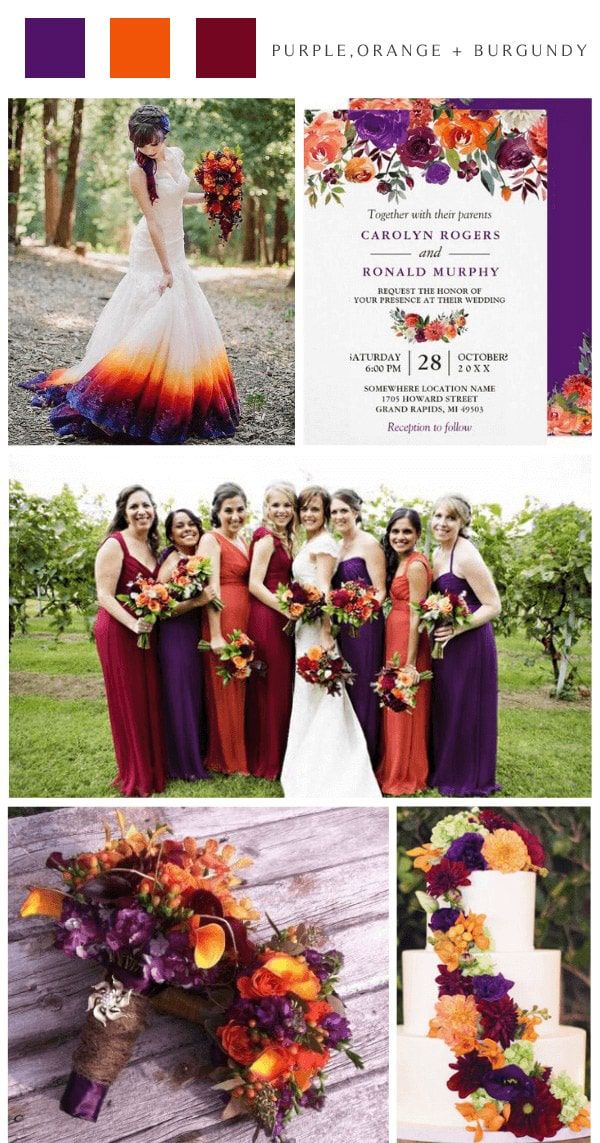 the color scheme for this wedding is orange and purple