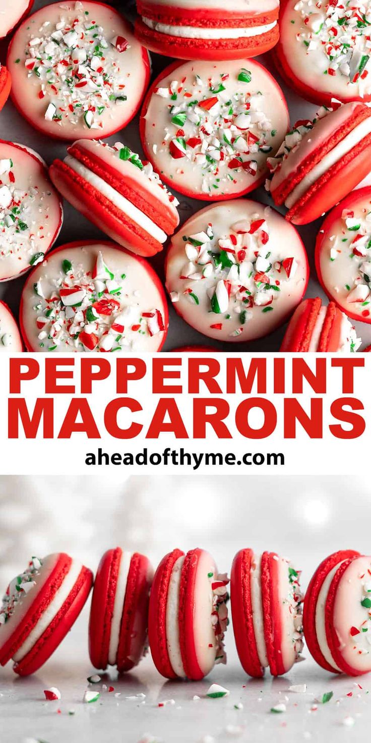 red and white peppermin macarons with sprinkles in the middle