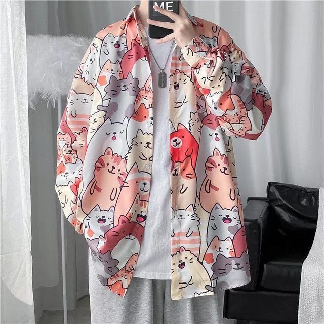 Mens Fashion Retro, Harajuku Shirt, Kawaii Shirts, Floral Long Sleeve Shirt, Flower Shirt, Cat Shirts, Casual Shirt, Floral Shirt, Look Cool