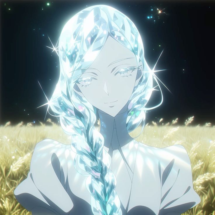 an anime character with long hair and braids standing in the middle of a field