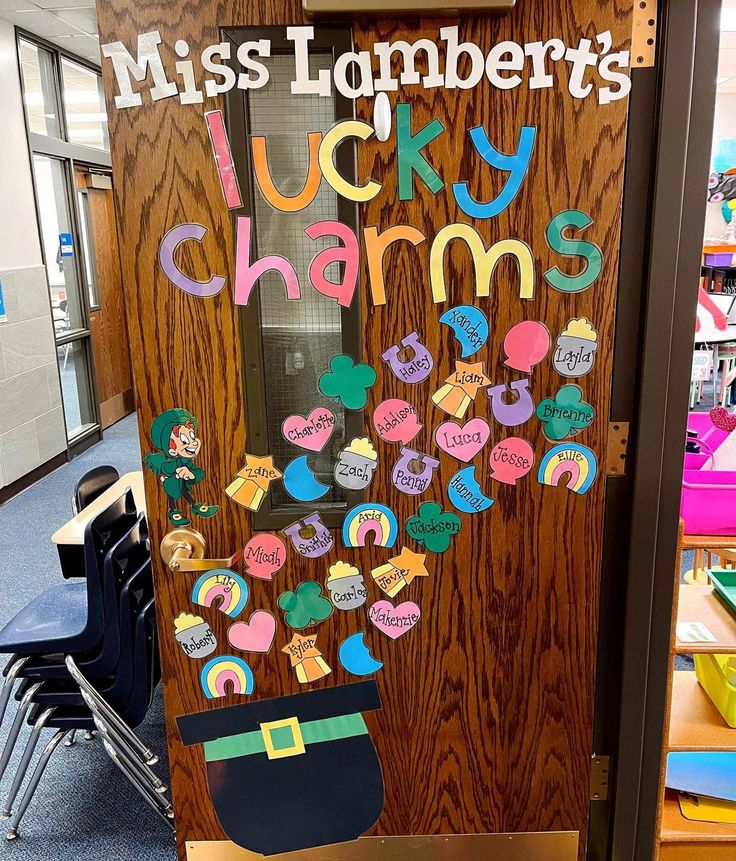 a classroom door decorated with magnets and writing on the front for lucky charms