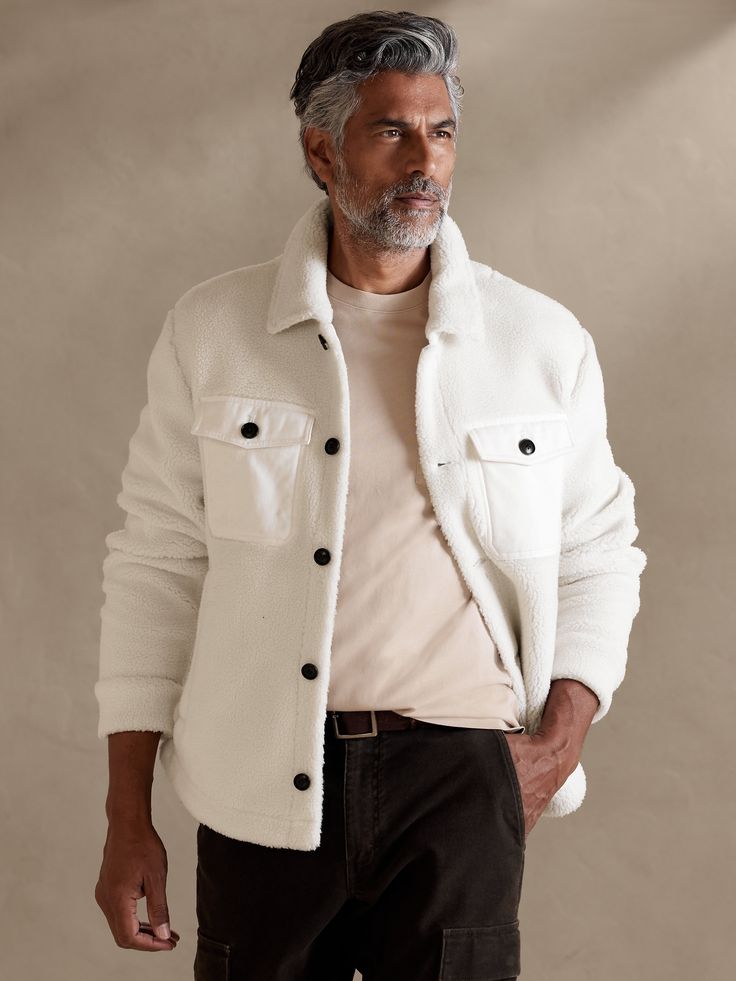 When shirt meets sweater, a cozy legend is born.  Using an effortlessly cool button-down silhouette, we added chest and side welt pockets to keep the top functional.  Pair it with our matching joggers for a look that is both athletic and at-ease.  Po White Coat Outfit Men, Off White Jacket Outfit Men, Cream Overshirt Outfit Men, White Overshirt Men Outfit, Cozy Relaxed Fit Button-up Outerwear, Fall Fleece Jacket With Pockets For Loungewear, Fall Fleece Loungewear Jacket With Pockets, Cozy Everyday Shacket With Pockets, Casual Long Sleeve Fleece Jacket For Layering