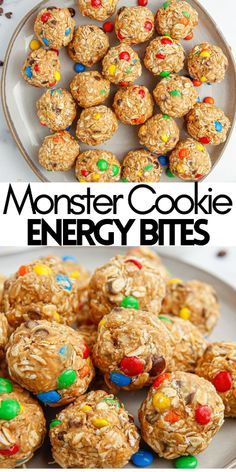 monster cookie energy bites on a plate