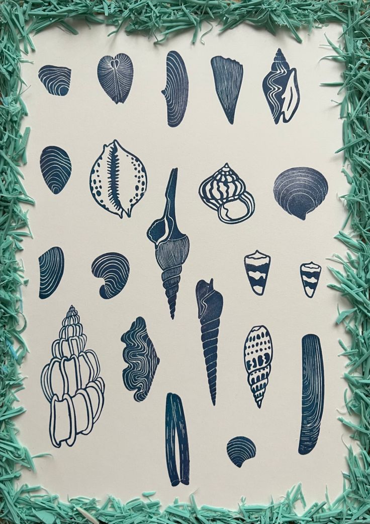 an image of sea shells drawn in blue ink on white paper with green grass around it