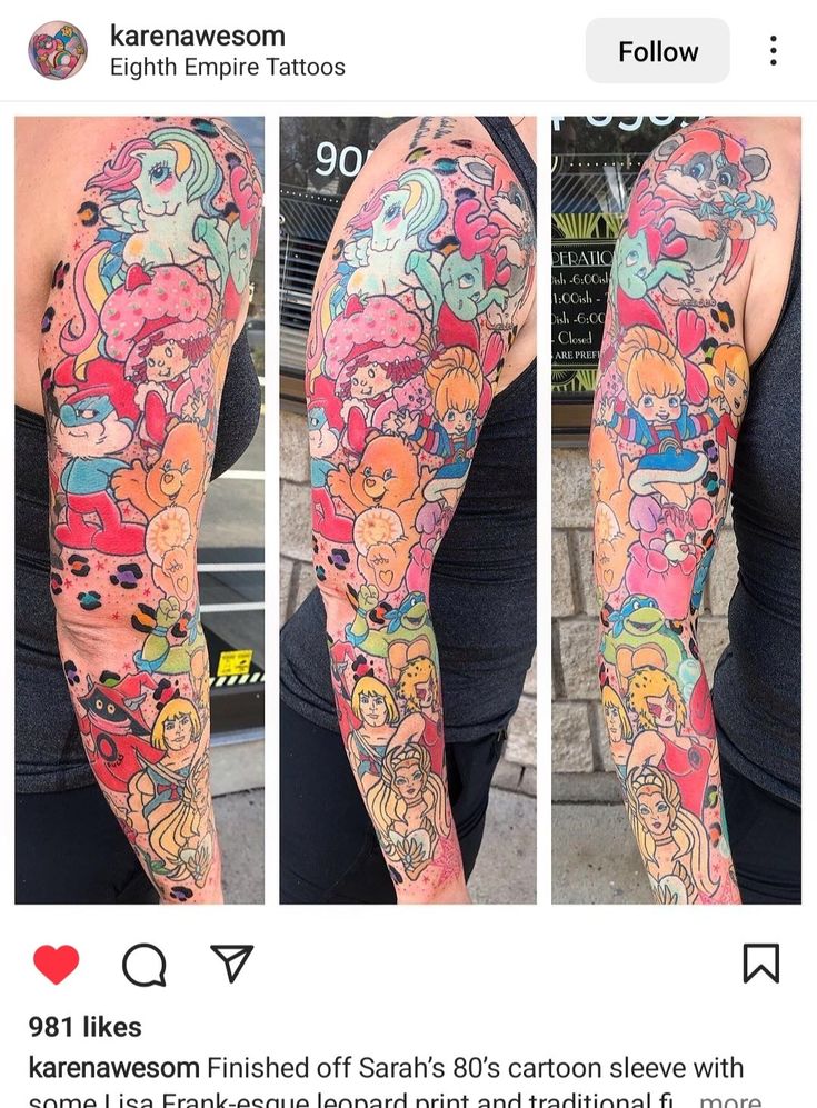 a woman's arm covered in cartoon characters on the left side of her arms