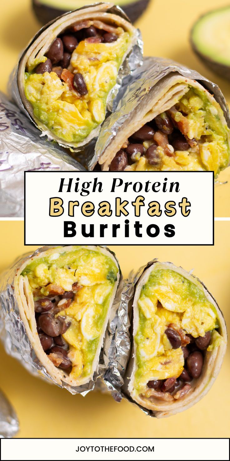 A breakfast burrito with eggs, black beans, and bacon that's wrapped in aluminum foil and sliced in half. Burrito Recipe Healthy, Healthy Breakfast Burrito, Healthy High Protein Breakfast, Monte Cristo Sandwich, Breakfast Burritos Recipe, Protein Dinner, High Protein Meal Prep, Healthy High Protein Meals, Breakfast Burrito