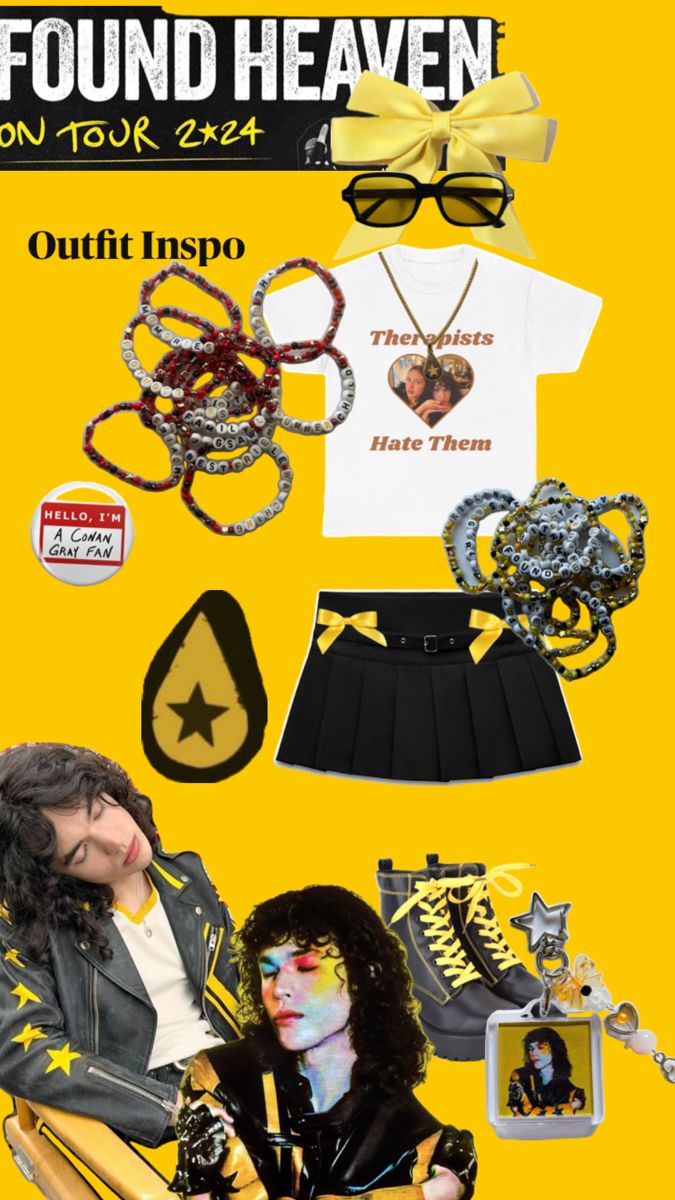 a collage of fashion and accessories on a yellow background