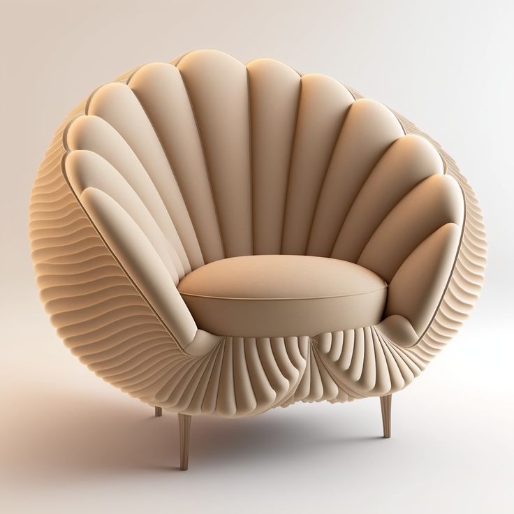 a beige chair with an oval shaped cushion on it