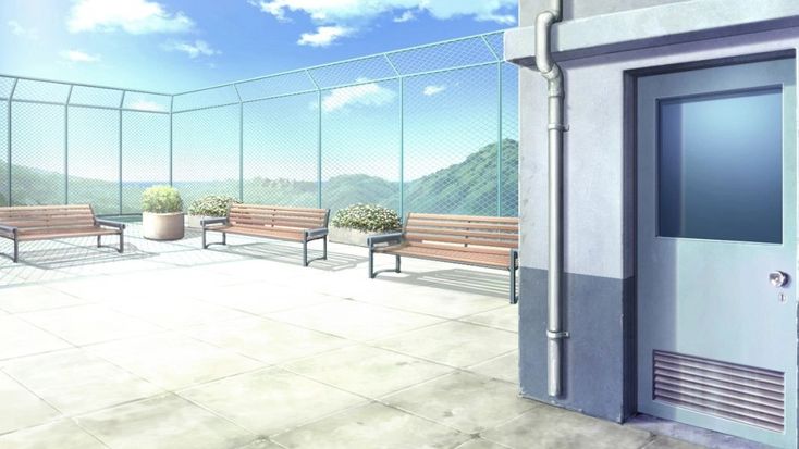 an empty balcony with benches and potted plants on the outside wall, overlooking mountains