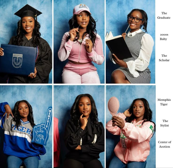 four different pictures of women in graduation caps and gowns, one holding a book